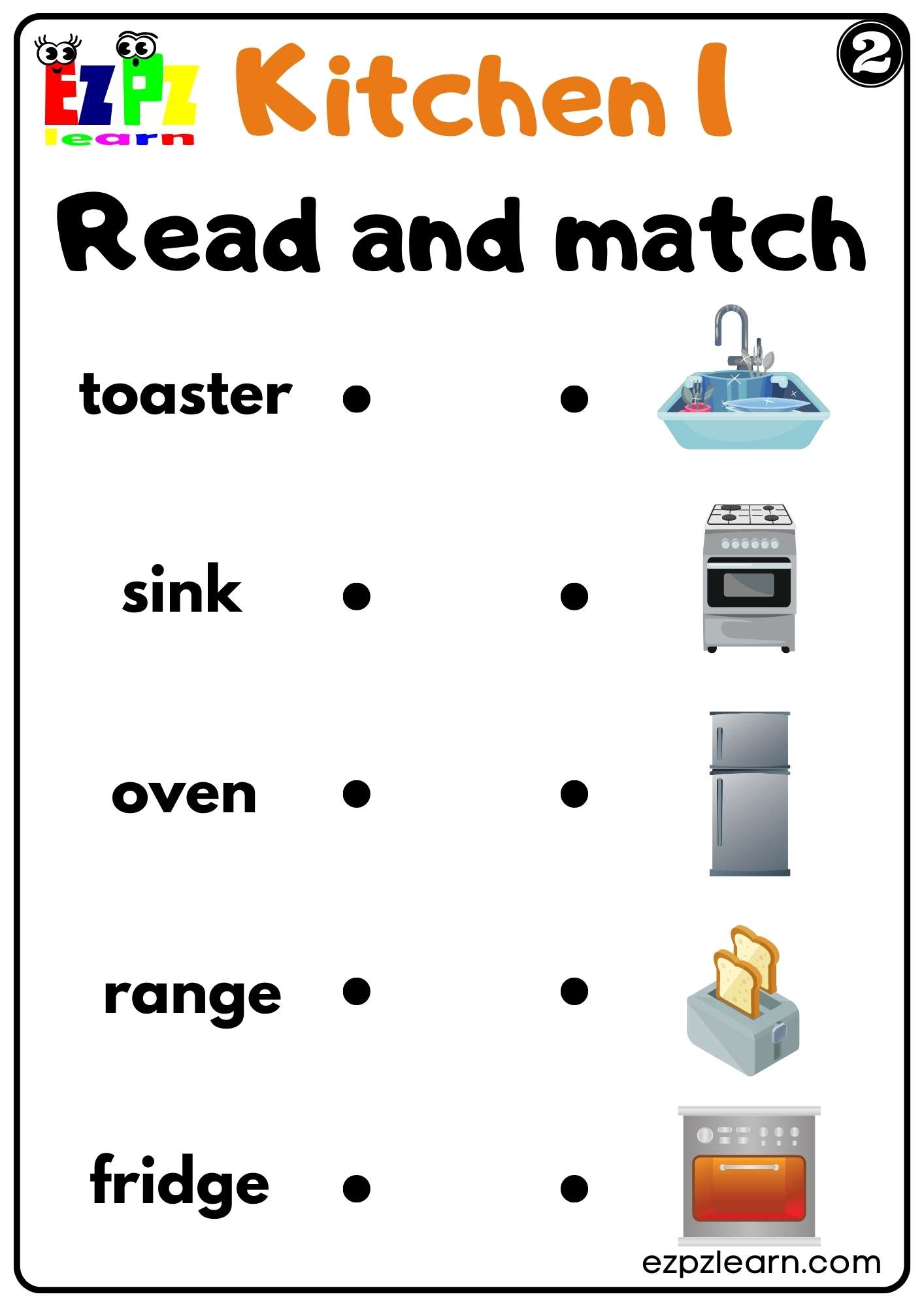 Kitchen Appliances Read and Match Worksheet for Homeschool and ESL PDF